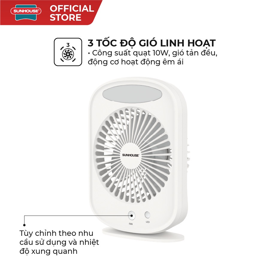 Quạt tích điện mini Sunhouse SHD7110, công suất 7W, tích hợp đèn ngủ, 3 tốc độ, bảo hành 12 tháng