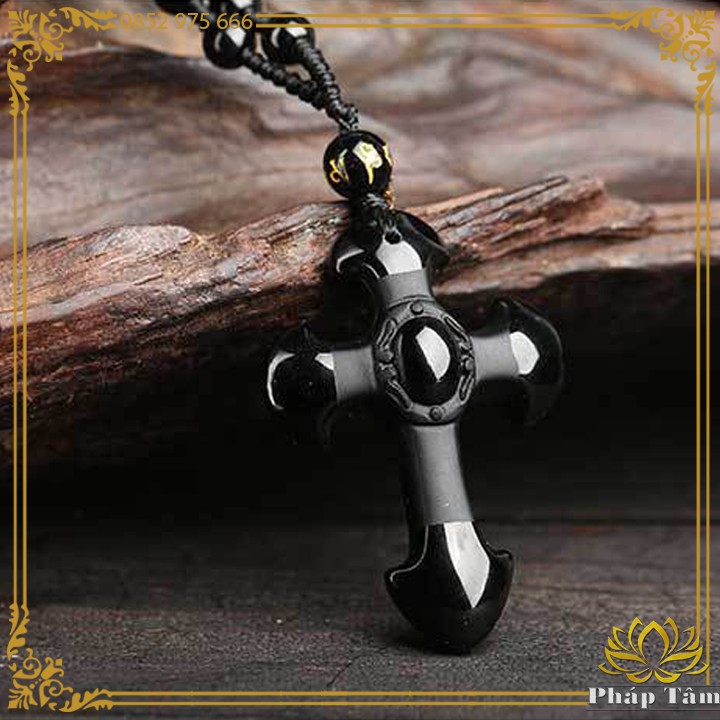 Mặt Dây Chuyền Thánh Giá Chữ Thập Thiên Chúa Đá Obsidian Đen Tự Nhiên - Tâm Phong Thủy