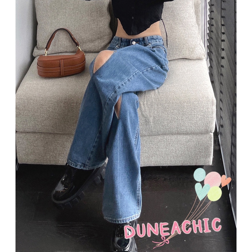 DUNEA Quần Jean Ống Rộng Phối Rách Cá Tính Dành Cho Nữ