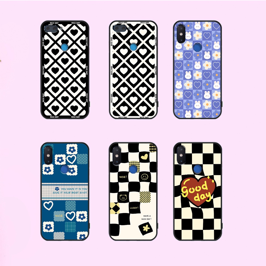 Ốp lưng Xiaomi Mi 8 - Mi 8 SE - Mi 8 Lite in hoạ tiết caro trái tim đen trắng, gấu bear cute đáng yêu