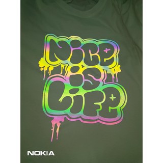 decal ủi áo trực tiếp, logo sticker patch in chữ NICE IS LIFE phản quang 7 màu