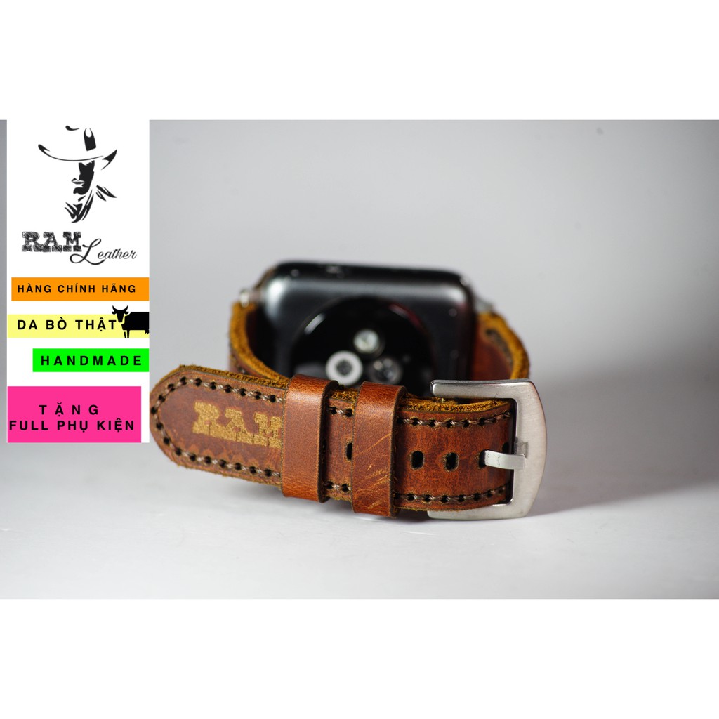 Dây apple watch da bò nâu mận handmade bền chắc cực đẹp RAM Leather classic 1981 - tặng khóa chốt và adapter