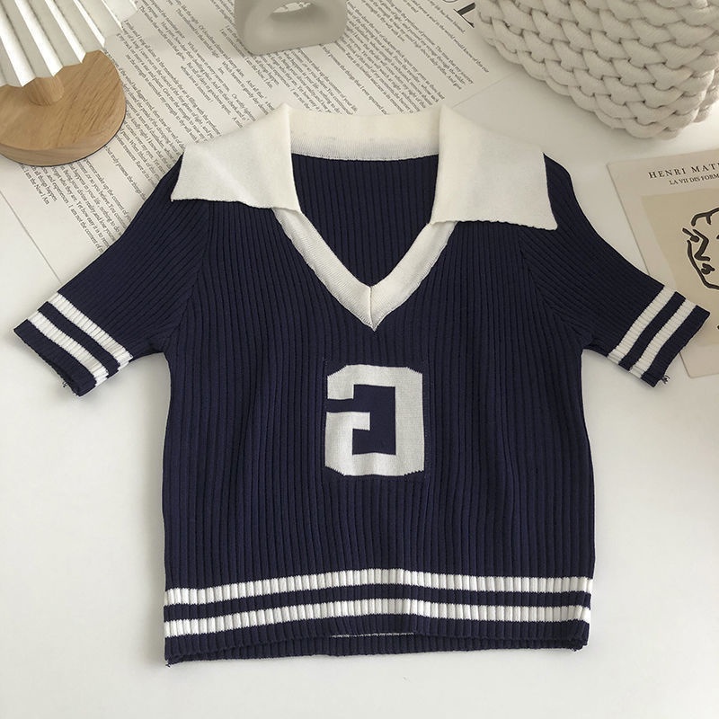 Áo Len Tay Ngắn Cổ Chữ v Họa Tiết Chữ Thời Trang Màu Sắc Phong Cách Hàn Quốc Dành Cho Nữ