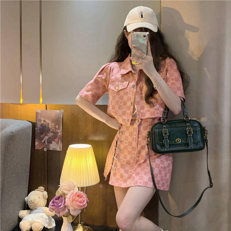 Set Áo Sơ Mi Tay Ngắn Kẻ Sọc Ca Rô Kèm Chân Váy Thời Trang Mùa Hè Hàng Mới Dành Cho Nữ
