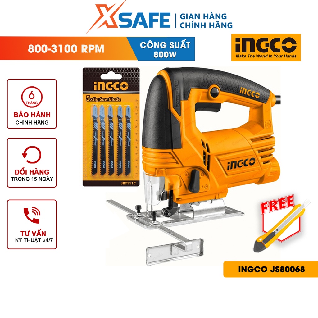 Máy cưa lọng INGCO JS80068 800W Máy cưa cầm tay 4 nhịp cắt, kèm 5 lưỡi cưa, 1 bộ carbon, chất liệu cao cấp