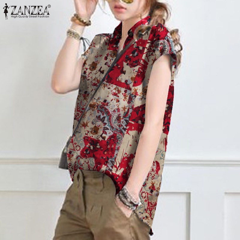 Áo sơ mi ZANZEA tay ngắn cổ bẻ in họa tiết vintage thời trang dành cho nữ