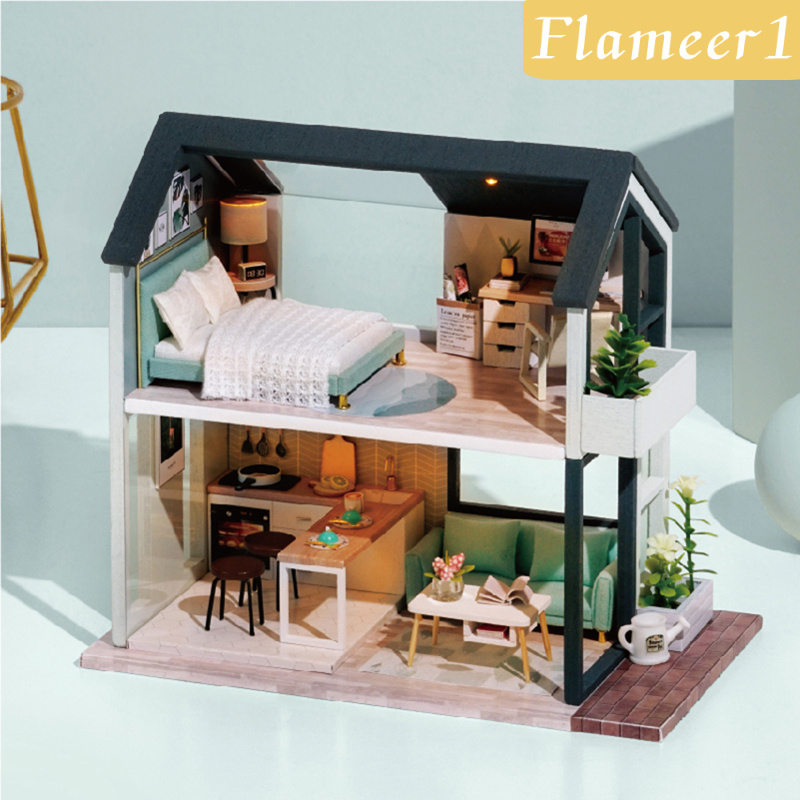 Bộ ngôi nhà búp bê DIY bằng gỗ mini tỉ lệ 1/24 kiểu 1 FLAMEER1