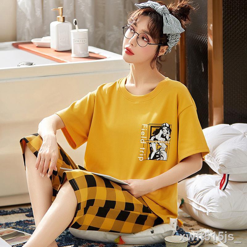 Pyjamas nữ quần dài cắt ngắn bằng cotton rộng rãi size Bà bầu Hàn Quốc có thể mặc đồ ở nhà bên ngoàiI