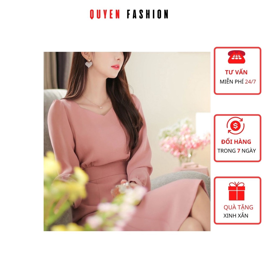 Đầm xòe công sở Quyên Fashion DL171 màu hồng cổ vuông tay phồng kiểu hàn quốc