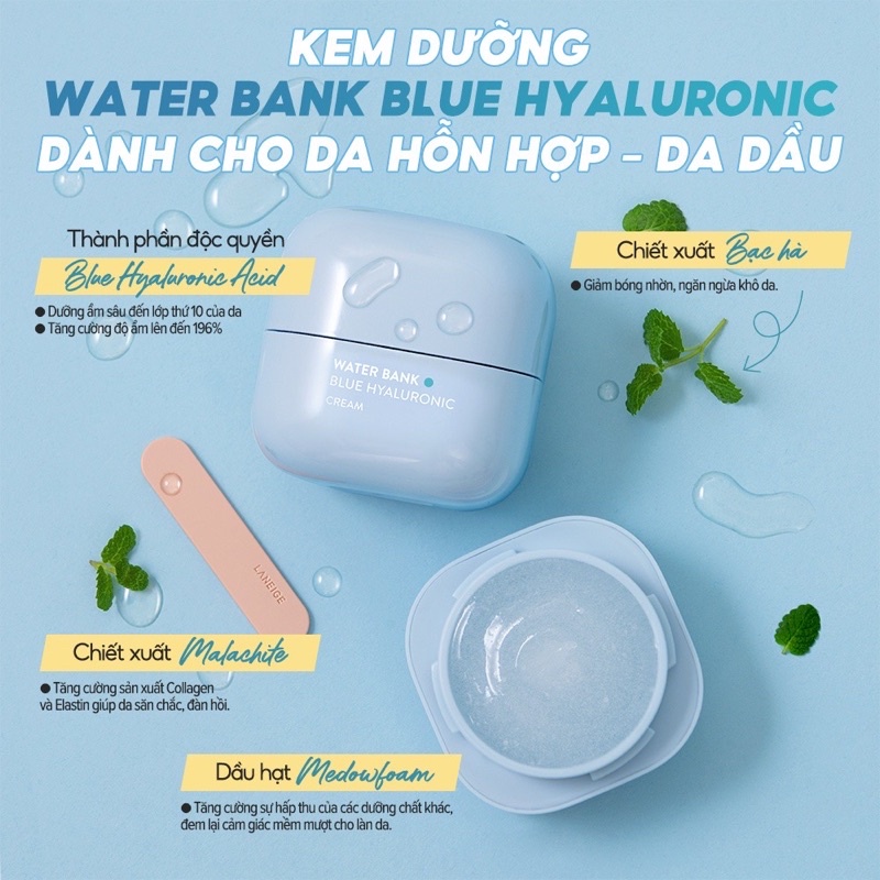 Kem dưỡng làm dịu, phục hồi da Laneige Water Bank Blue Hyaluronic Cream / Gel Moisturizer cho da dầu, khô