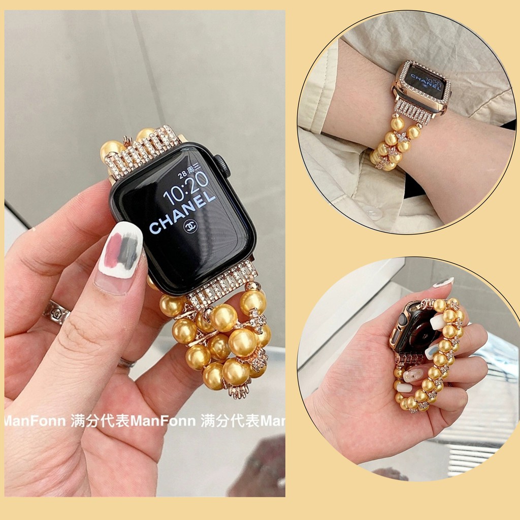 Dây Đeo Đồng Hồ Bằng Thép Không Gỉ Đính Ngọc Trai Giả Cho Apple iWatch 41mm 45mm 40mm 44mm 38mm 42mm series 7 6 5 4 3 2 1