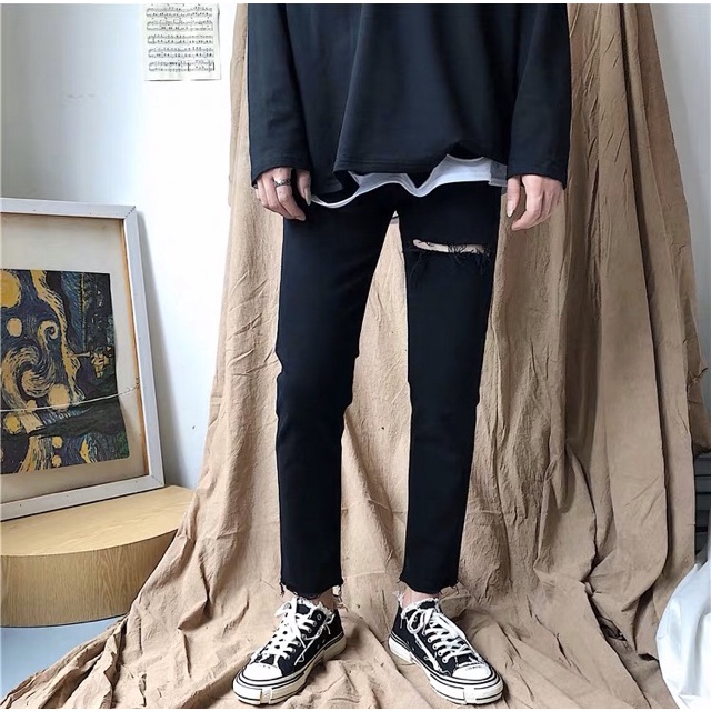 Quần jeans đen nam rách cá tính , quần bò form dáng skinny , vải co dãn , phong cách Hàn Quốc - V12