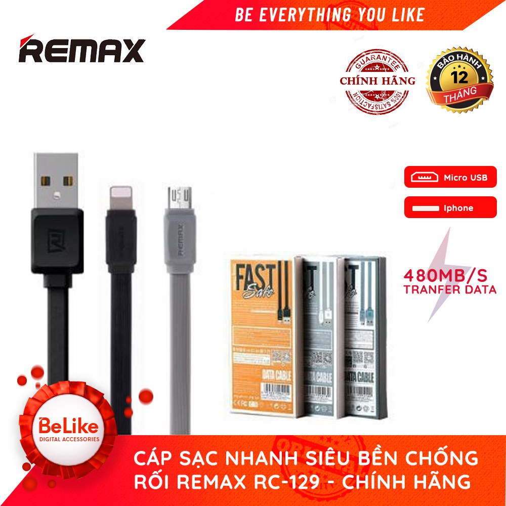 Cáp sạc nhanh Lightning, MicroUSB Fast Pro -Remax RC-129 -BH 6 tháng