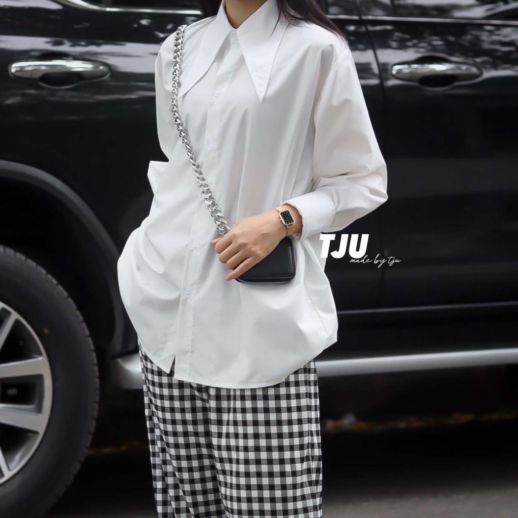 Sơ mi nữ dài tay màu trắng phối đai cổ dài, Sơ mi nữ dài tay phối đai ulzzang, Hàn Quốc, thiết kế T-Ju (somi kelly)
