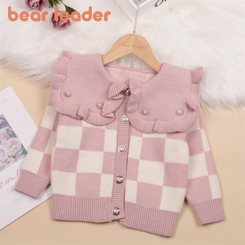 Áo cardigan Bear Leader dệt kim tay dài cổ vuông phong cách thu đông Hàn mới cho bé gái 2-6 tuổi