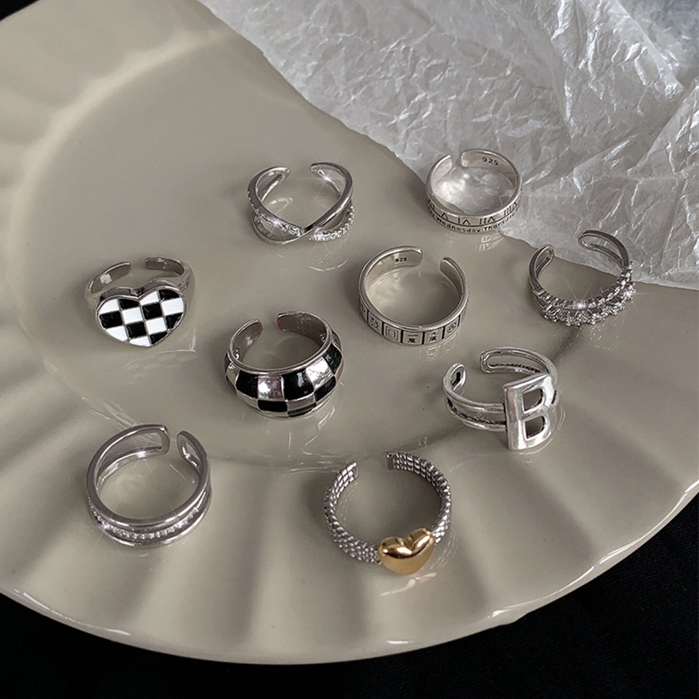 Nhẫn IF YOU bạc họa tiết ô vuông trắng đen phong cách cổ điển thời trang cho nữ