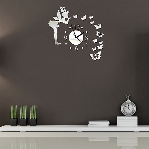 Đồng hồ dán tường trang trí phòng ngủ hình nàng tiên và bươm bướm bằng chất liệu Acrylic tráng gương