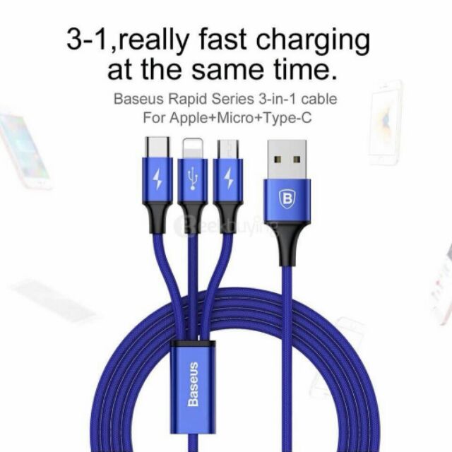 Cáp Baseus 3 đầu Lightning-Micro-TypeC - RAPID SERIES chính hãng