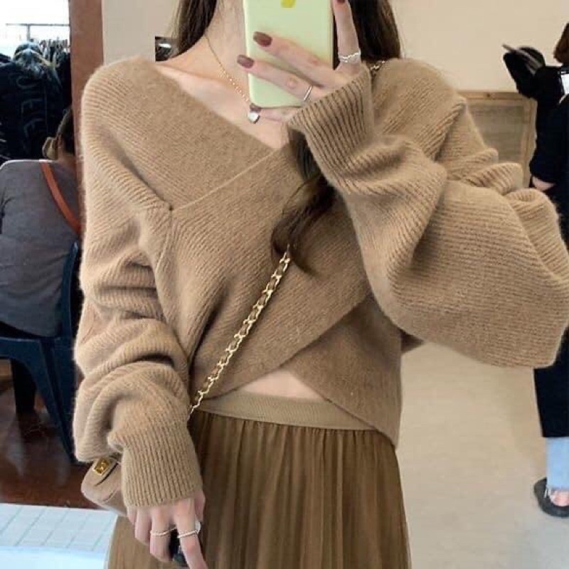 Áo len crotop vạt chéo phong cách Hàn Quốc