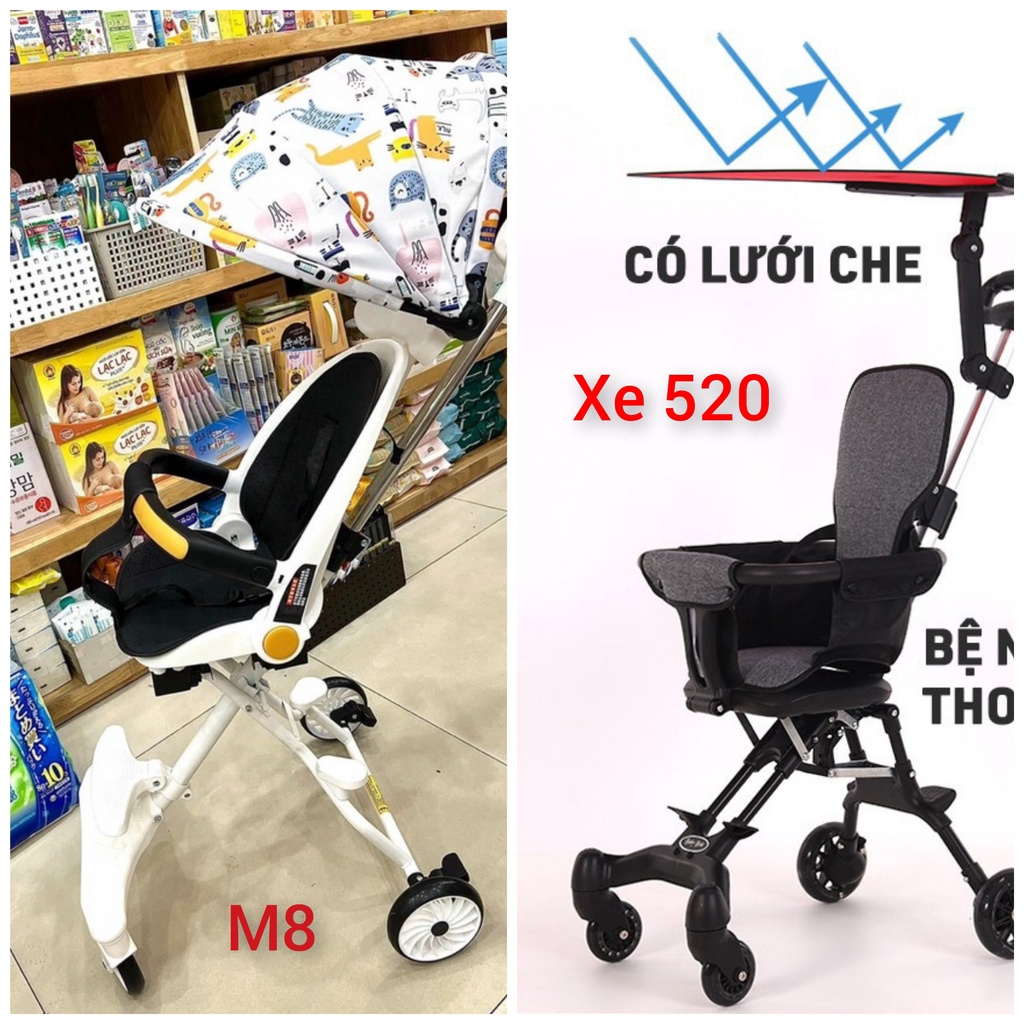 Xe đẩy 2 chiều gấp gọn cho bé nằm, ngồi tặng kèm đệm M8 cho bé