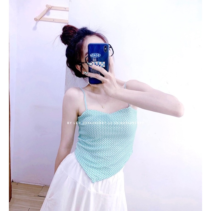Set áo len dệt kim mỏng croptop màu pastel kiểu áo khoét lệch + áo 2s 2 dây yếm lệch