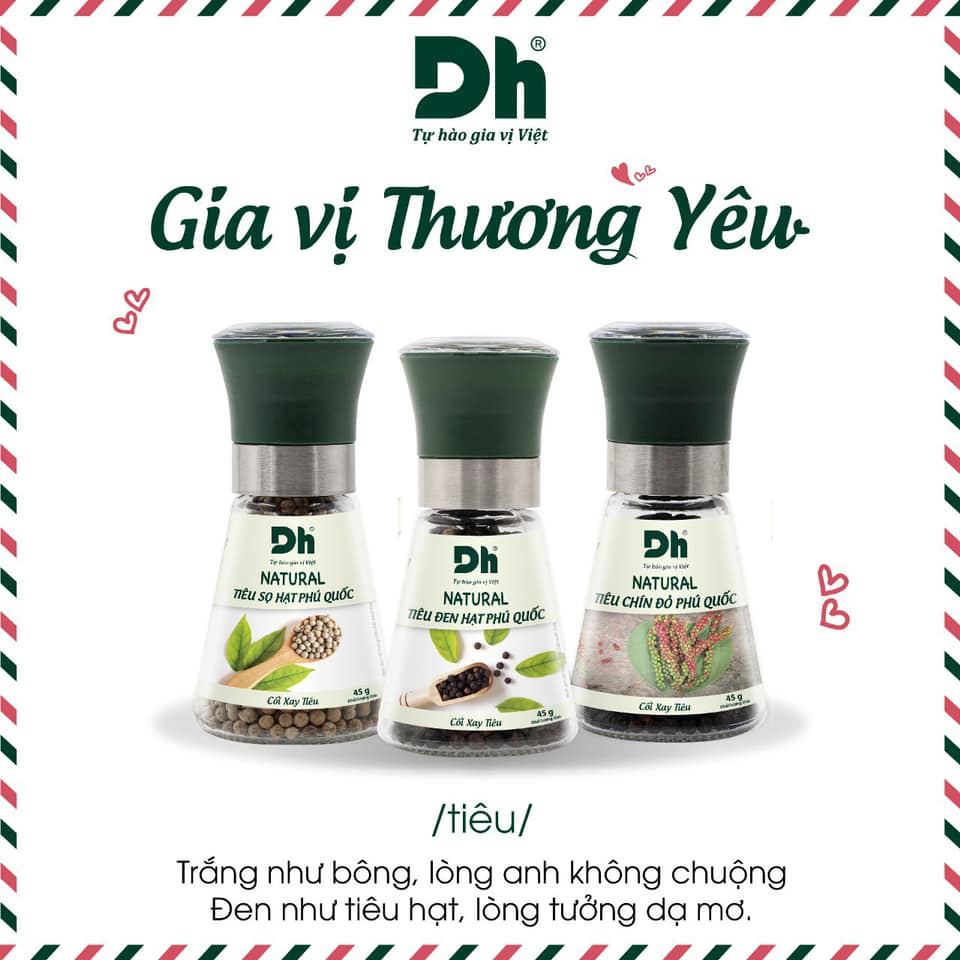 Bộ Ba Tiêu Sọ Hạt/Tiêu Đen Hạt/Tiêu Chín Đỏ Phú Quốc Dh Foods - 100% Tiêu Phú Quốc Nguyên Chất Nắp Cối Xay 45G/Hũ