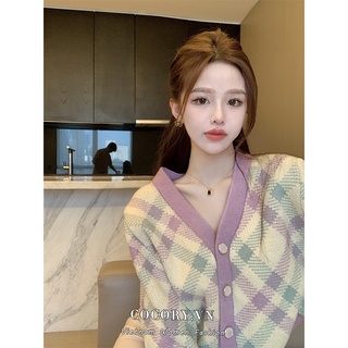 Cocorygirl Áo khoác cardigan dệt kim dài tay cổ chữ V kẻ sọc đính nút thời trang cho nữ