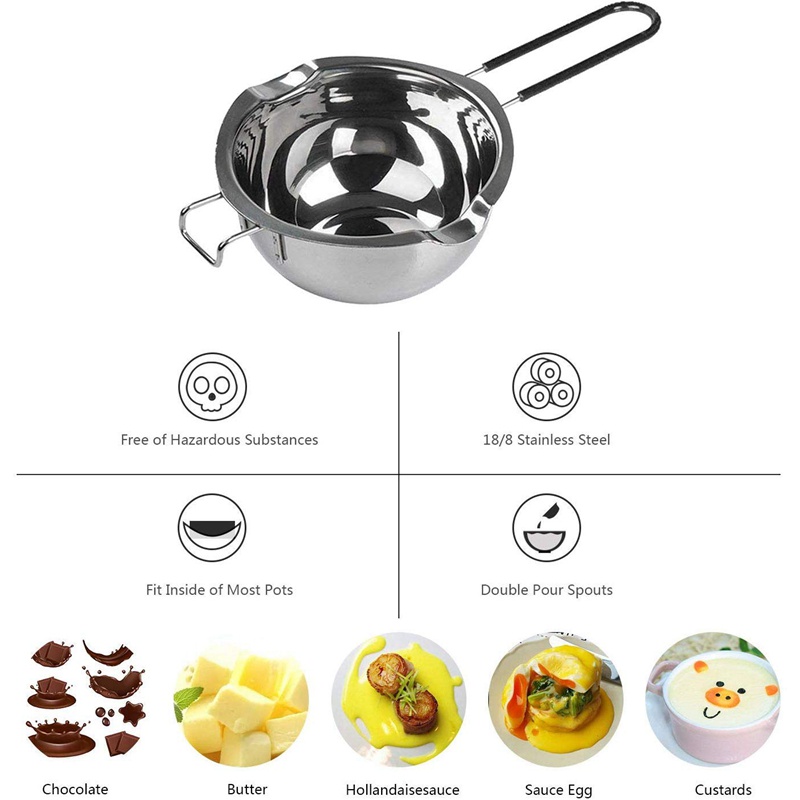 Set 2 Nồi Nấu Chảy Bằng Thép Không Gỉ Cách Nhiệt Có Tay Cầm 2 Cốc Thông Dụng Cho Socola/ Phô Mai/ Caramel/ Kẹo