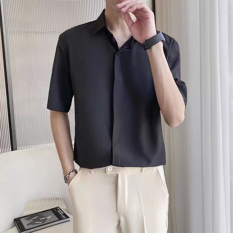 Áo sơ mi nam giấu cúc fom rộng Unisex vải mềm mượt co giãn nhẹ sơ mi che nút nam tay ngắn mẫu mới mã TN 27