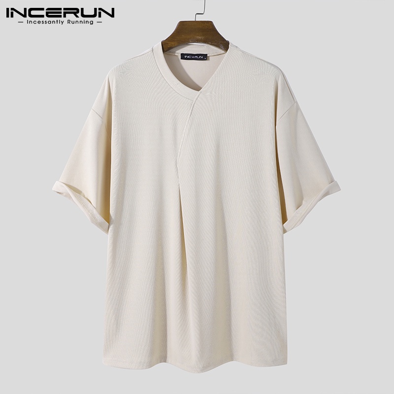 Áo thun INCERUN tay ngắn cổ V màu trơn thời trang đơn giản cho nam
