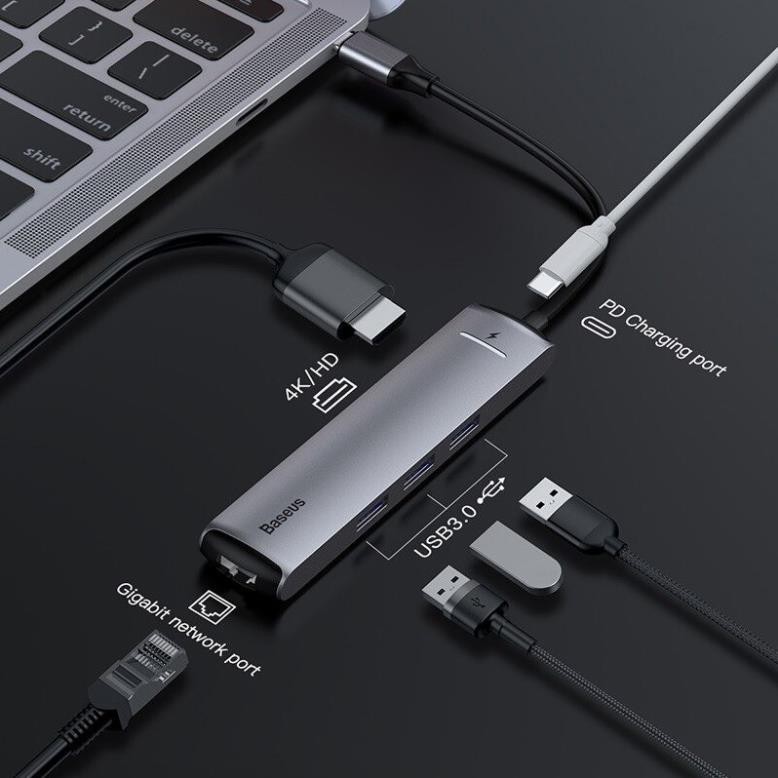 HUB Đa Năng Baseus 6 In 1 USB 3.0 RJ45 Carder Đầu Đọc OTG Adapter Cho MacBook Pro - HUB Splitter Huawei Matebook