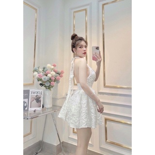 Váy xốp vân 2 dây cột nơ hở lưng
