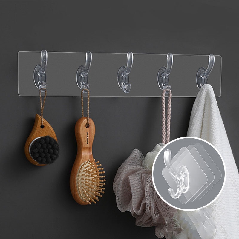 Thanh Móc Dán Treo Đồ Dán Tường Siêu Dính Chịu Lực Đa Năng Trong Suốt 6 Móc Liền Mạch