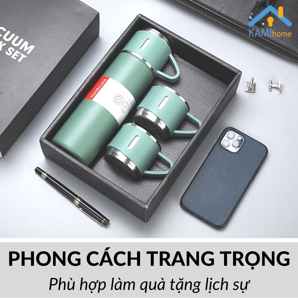 Bình nước giữ nhiệt inox nắp có quai Kèm 2 Cốc-Đóng hộp quà tặng cao cấp-cỡ 500ml mã 22050