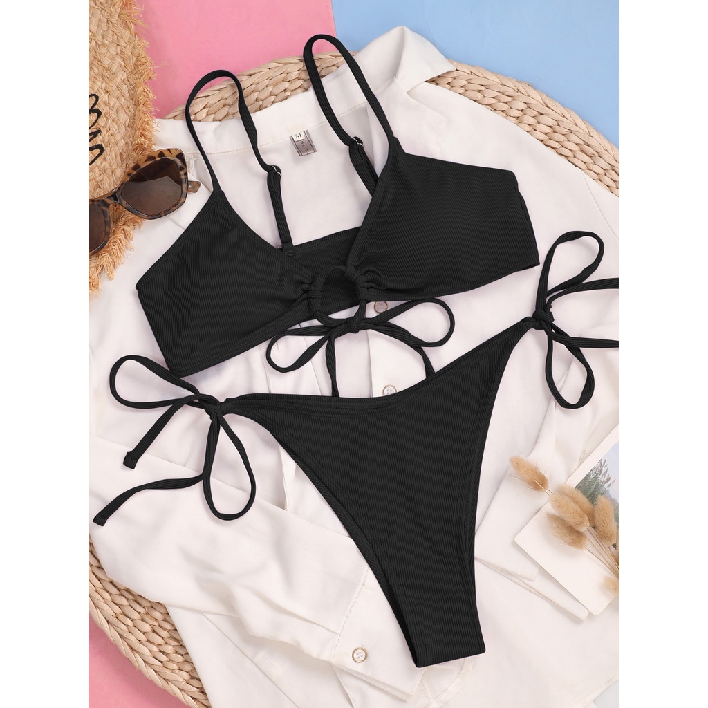 Bộ Đồ Bơi Bikini Hai Mảnh Thắt Dây Màu Sắc Trơn Dành Cho Nữ