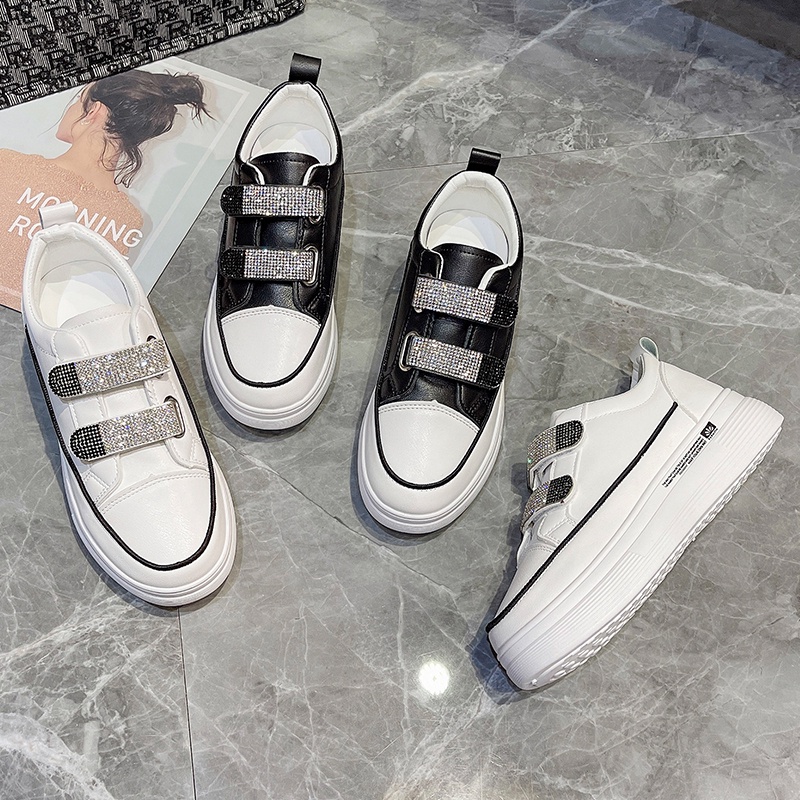 💘 Giày nữ thời trang với kim cương giả đáy dày 💘 Velcro giày nhỏ màu trắng giày thể thao thoáng khí