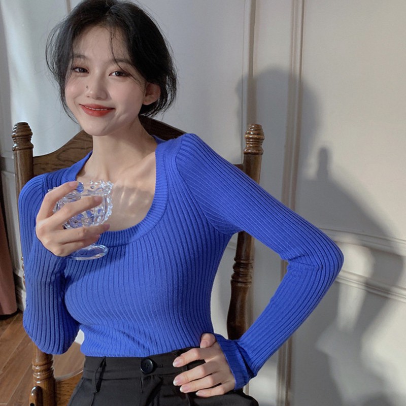 Women's U-Neck Solid Color Slim Casual Long Sleeve Knitted Tops