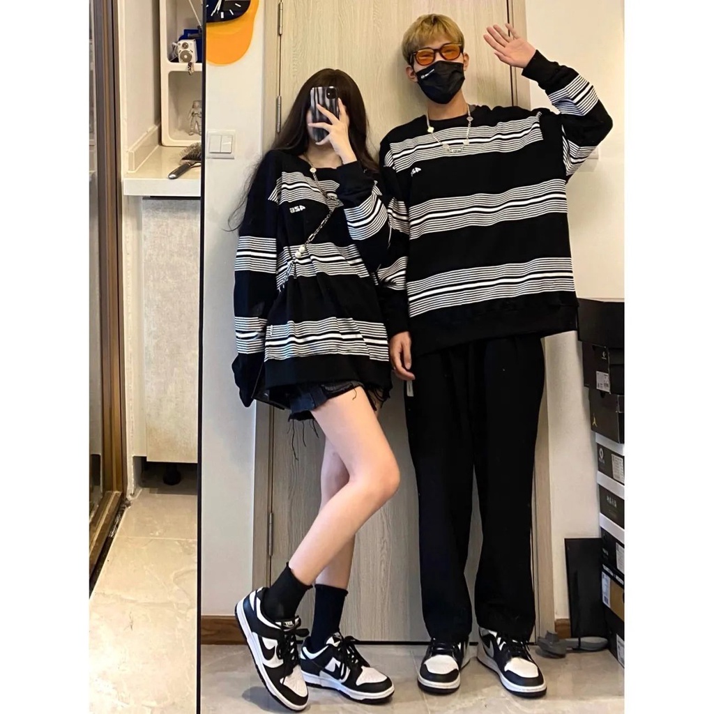 Áo Hoodie Tay Dài Cổ Tròn Form Rộng Họa Tiết Kẻ Sọc Phong Cách Hip Hop Mới Cho Cặp Đôi
