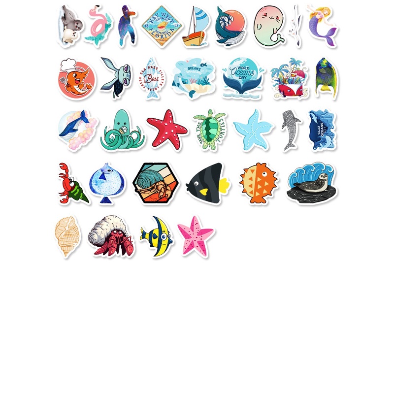 Combo 30 Sticker Hình Dán Chống Nước Decal Điện Thoại Laptop Nón Mũ Bảo Hiểm Vali Đàn Bình Nước Sổ Tay [ĐỘNG VẬT BIỂN]