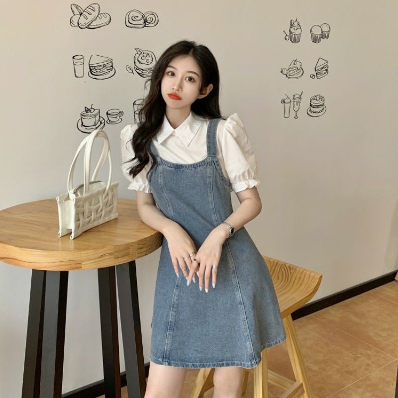 Yếm đầm jeans hai dây xòe dáng ngắn ulzzang order