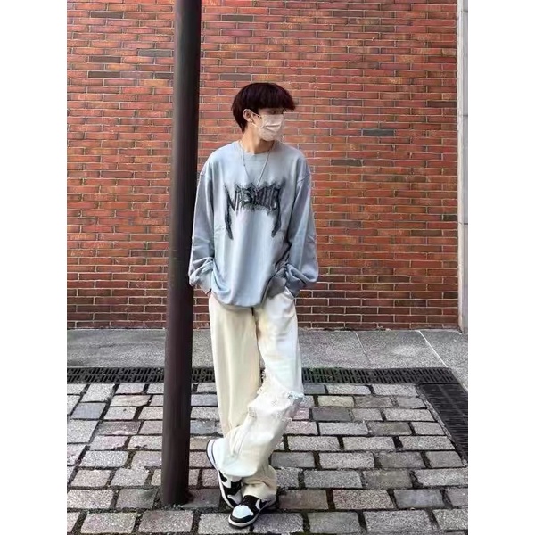 Áo nỉ bông Áo sweater xám hoạ tiết thêu phong cách hàn quốc