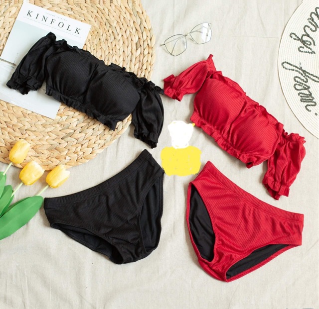 (Có sẵn) Đồ bơi/ Bikini trễ vai tay bèo 2 mảnh màu đỏ và đen