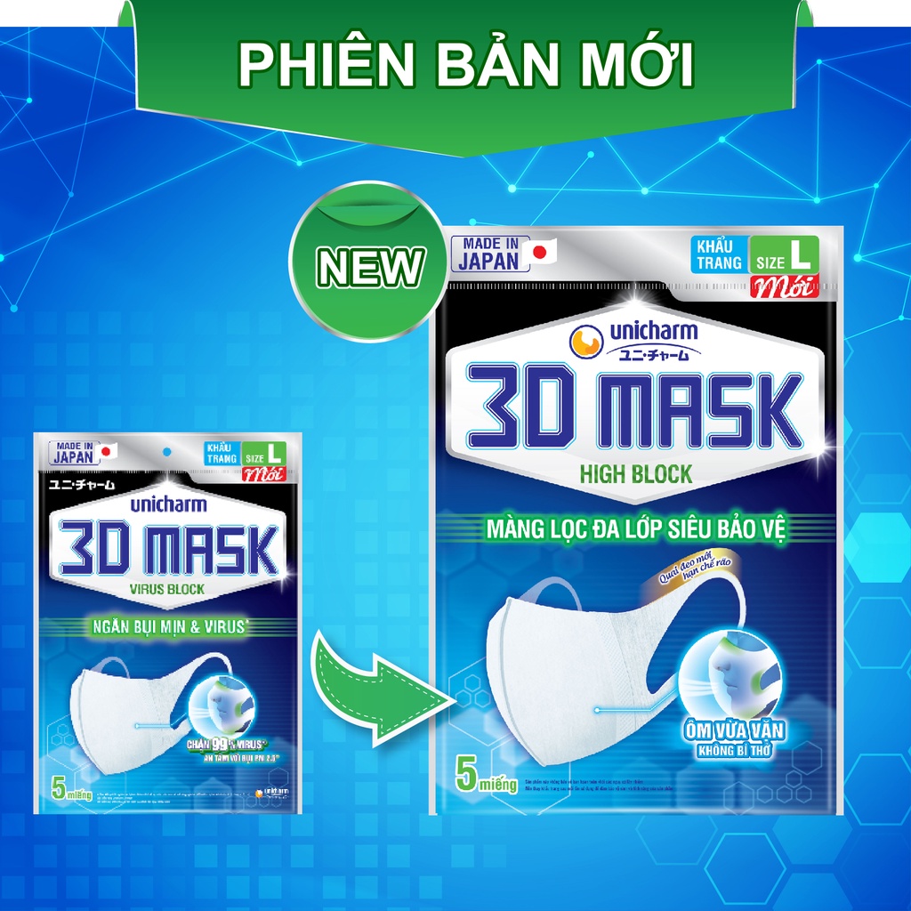 [MỚI] Khẩu trang ngăn vi khuẩn Unicharm 3D Mask Virus Block/ High Block (mẫu mới) size L gói 5 cái