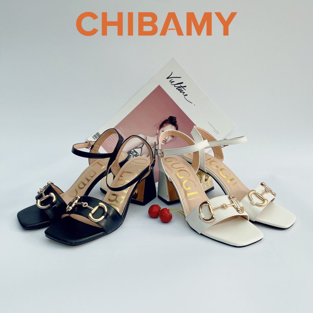 Sandal cao gót nữ GuC chất da mềm CHIBAMY, dép quai hậu nữ gót vuông cao 7cm