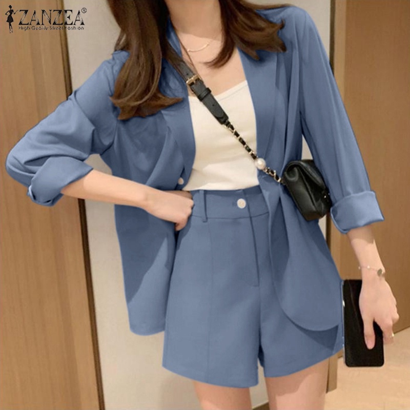 Set đồ ZANZEA gồm áo khoác blazer dài tay cổ bẻ + quần short lưng cao ống rộng thời trang nữ