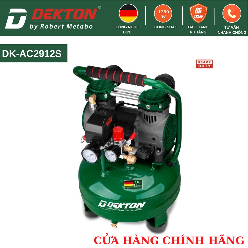 Nén Khí Không Dầu Dekton DK-AC2912S 1.5HP/1250W/ Bình 12L - Lưu Lượng 150L/Phút / Thiết Kế Độc Lạ