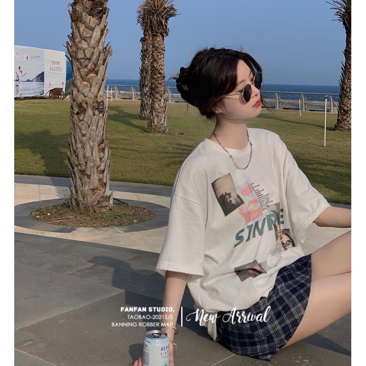 Áo Thun Tay Ngắn Cổ Tròn Hoạ Tiết In Phong Cách Hàn Quốc