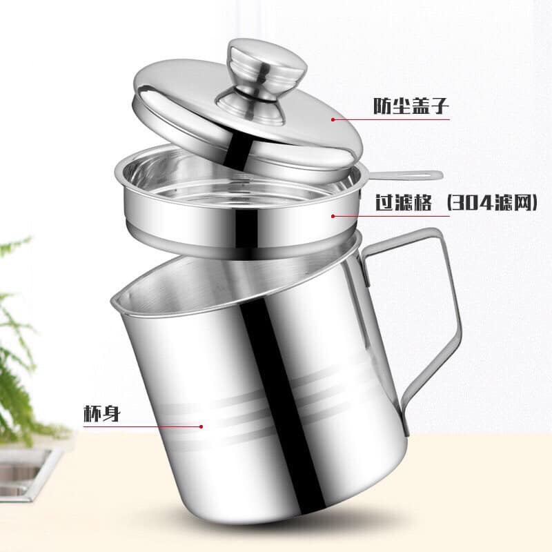 Ca triết, đựng dầu thừa 1200ml có lưới lọc Inox 304