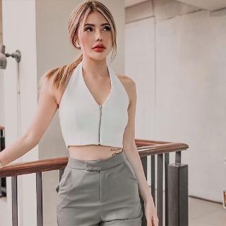 Áo Croptop Sát Nách Cổ Chữ V Phối Khoá Kéo Thiết Kế Hở Lưng Quyến Rũ