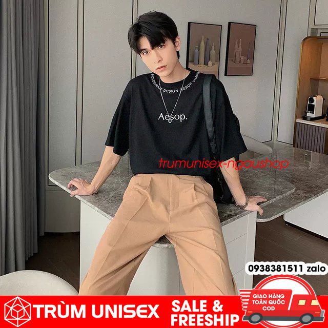 Áo thun unisex áo phông nam rộng AE-SOP chữ quanh cỗ kèm áo thật vải cát đen trắng Trùm Unisex